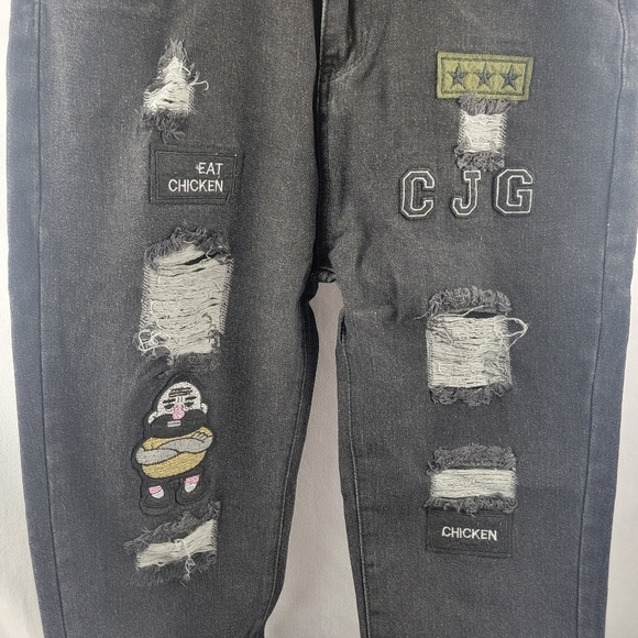 NIB skinny ripped hip hop black denim jeans patches embroidery size Med - Picture 4 of 6